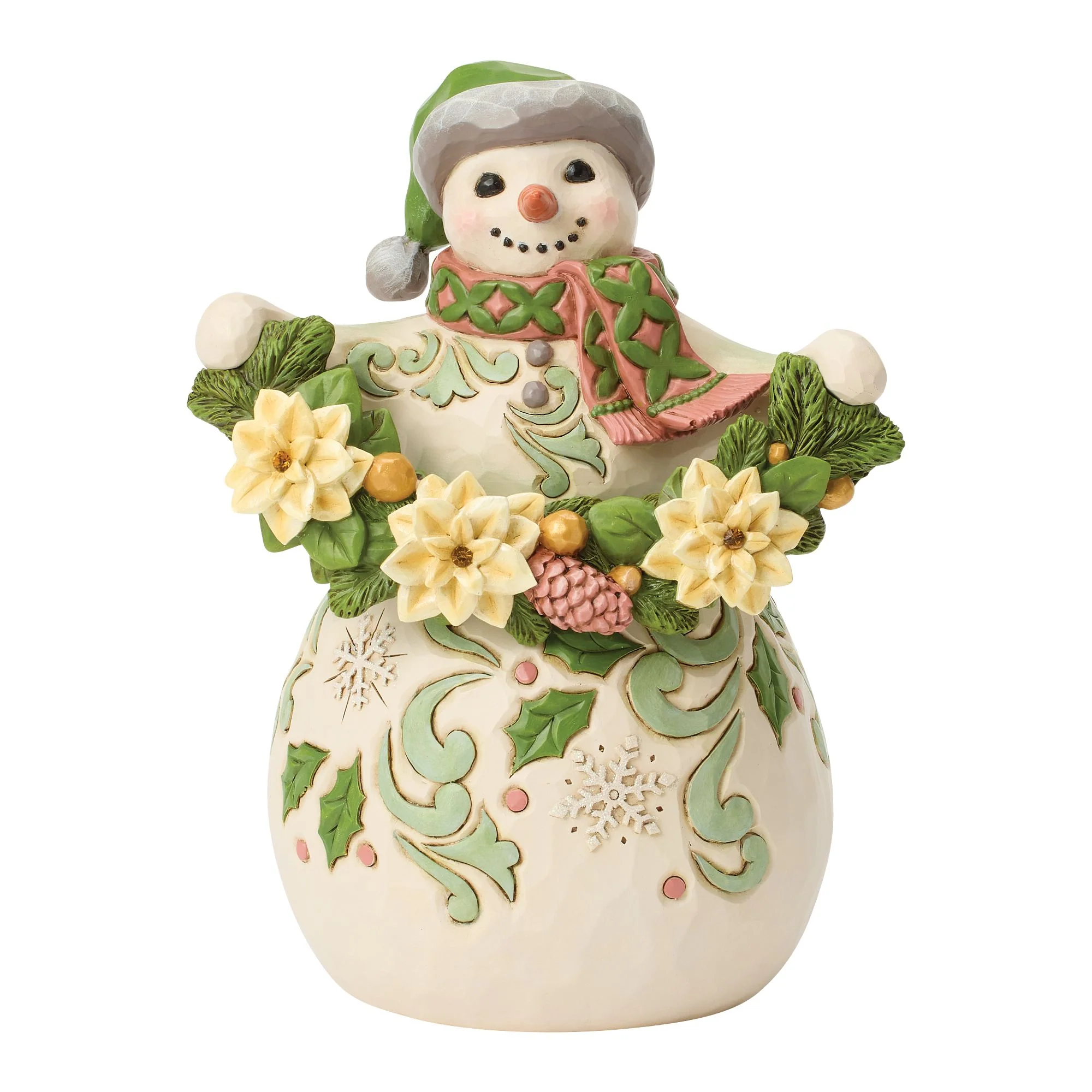 Opal & Moss Snowman with Poinsettia Garland Figurine
