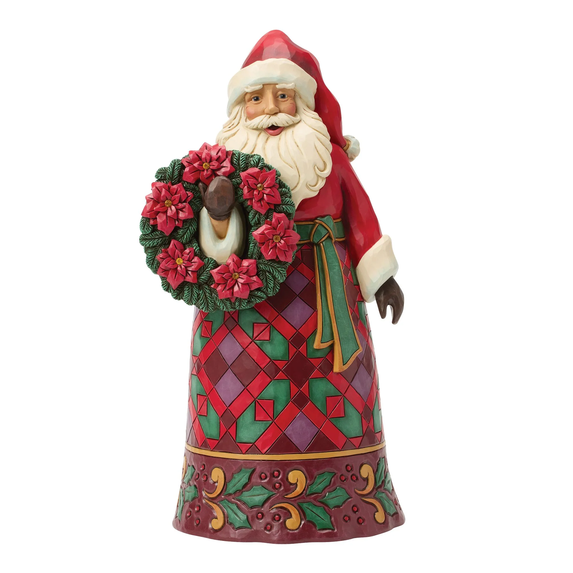 Santa with Wreath & Poinsettias Figurine