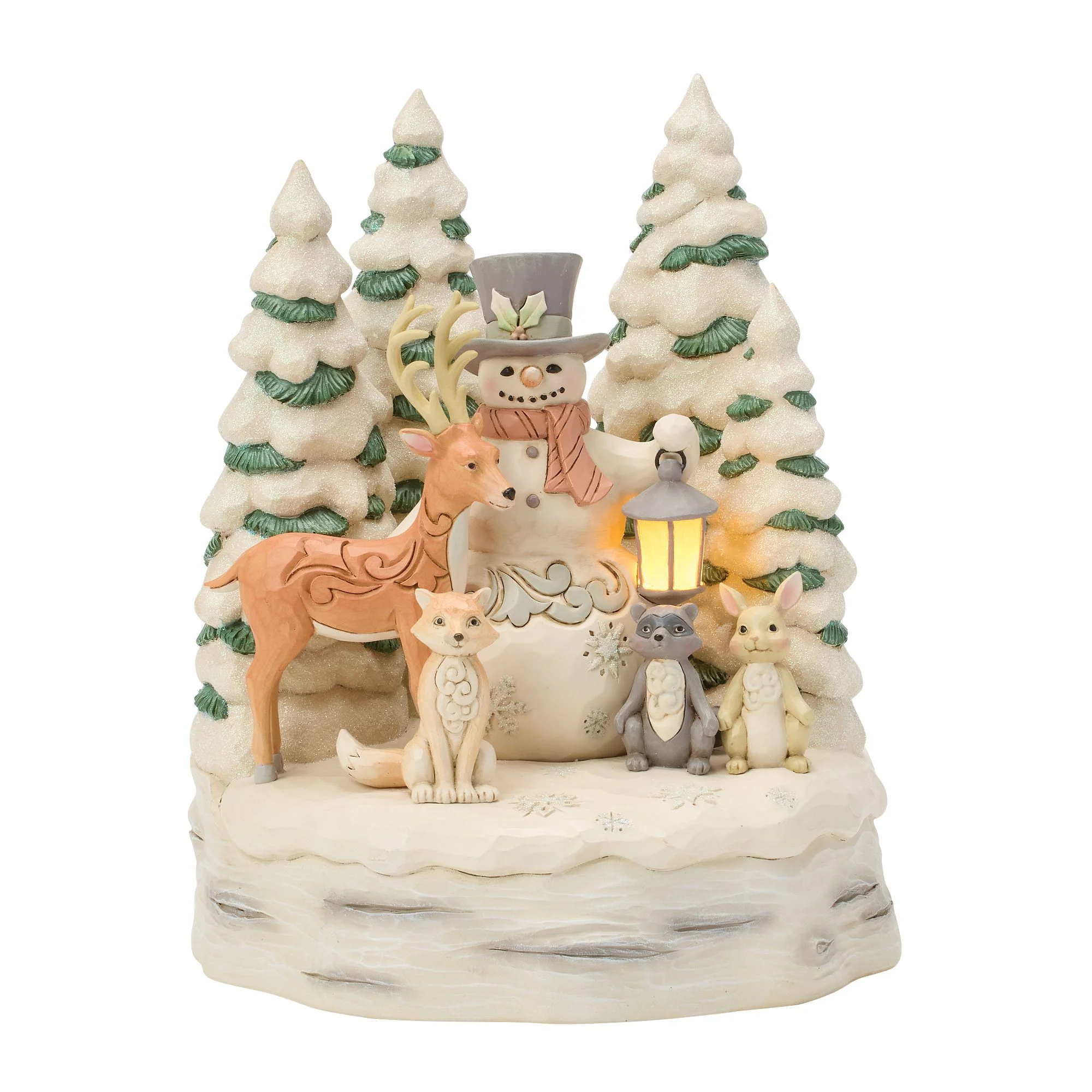 White Woodland Snowman with Forest Animals LED Figurine - "All is Calm, All is White"